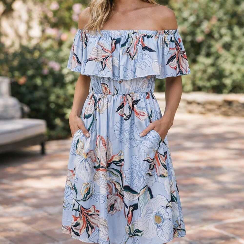 Cupcakes & Cashmere Blue Floral Off-Shoulder Ruffle Midi Dress XS Coastal Summer